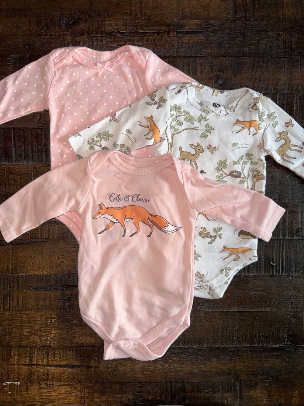 Pink Fox Print Long-Sleeve Baby Bodysuit - 3 Pack